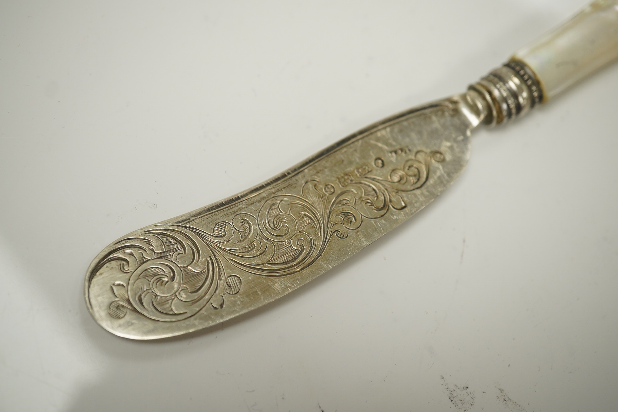 Two Victorian mother of pearl handled butter knives and a Victorian Scottish silver fiddle pattern basting spoon. Condition - fair